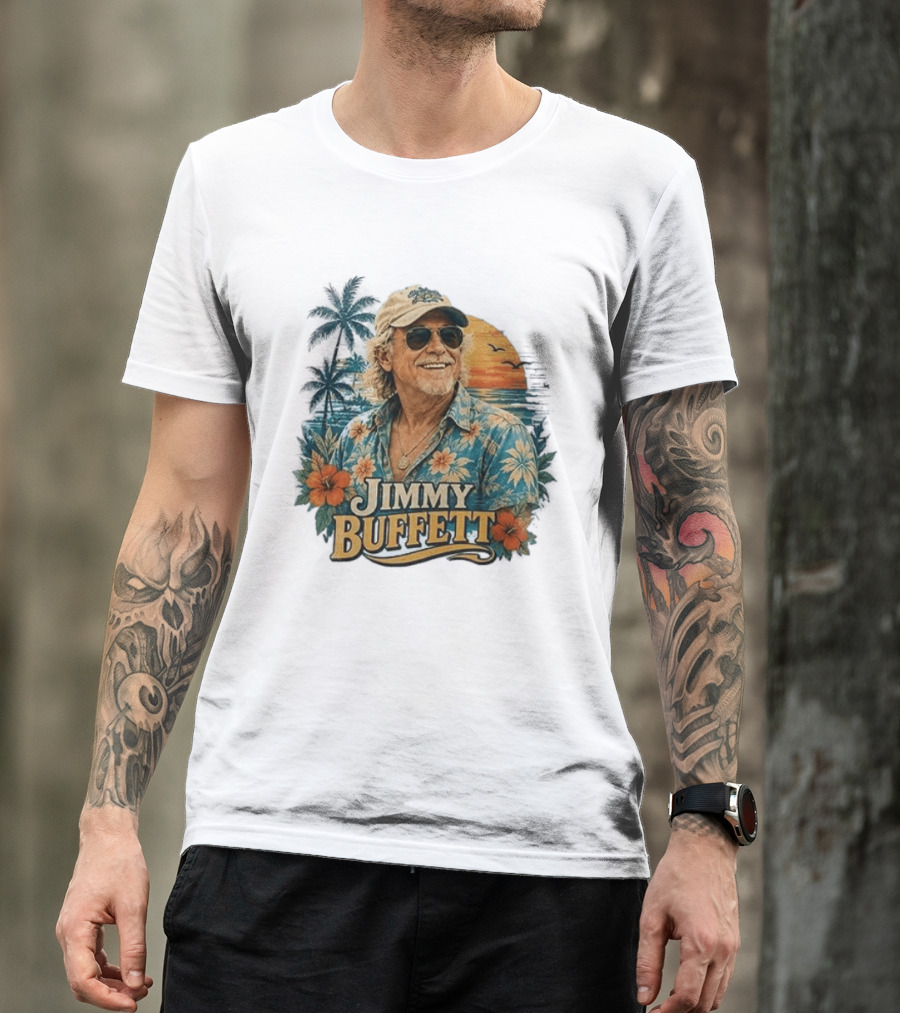 Jimmy Buffett Tropical Vibes Sunset And Palm Trees Floral T-Shirt
