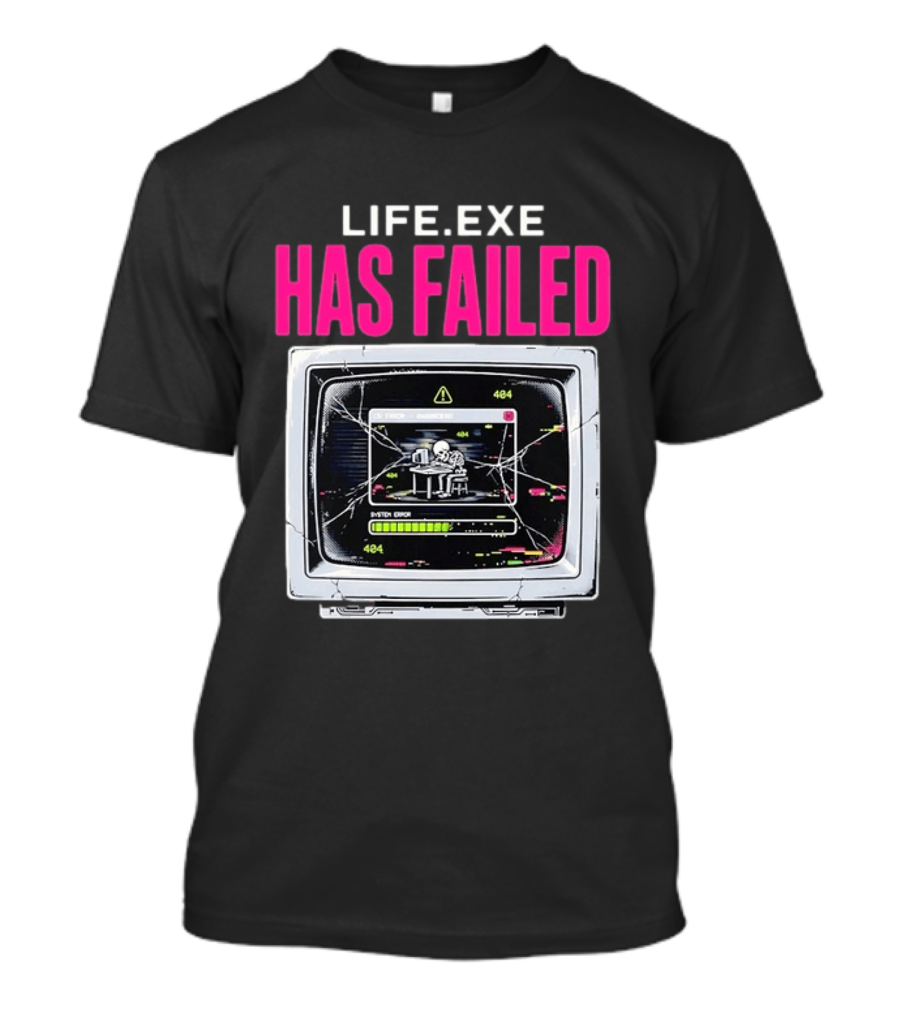 Lifeexe Has Failed System Error 404 Skeleton Computer Retro Monitor T-Shirt
