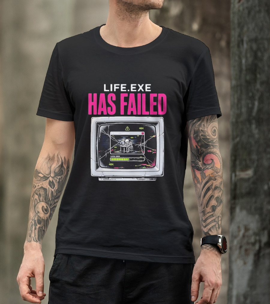 Lifeexe Has Failed System Error 404 Skeleton Computer Retro Monitor T-Shirt