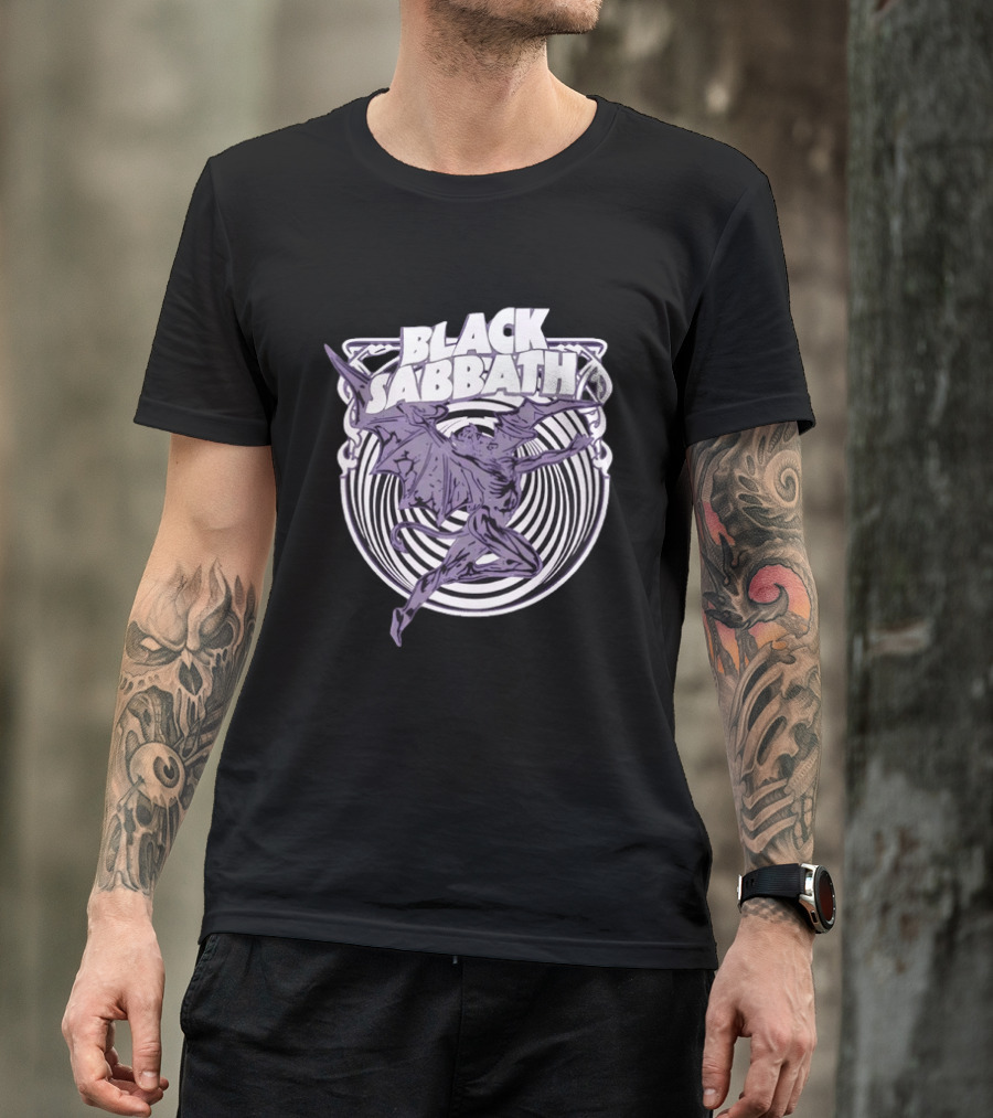 Black Sabbath Flying Devil With Striped Background Iconic Heavy Metal T-Shirt