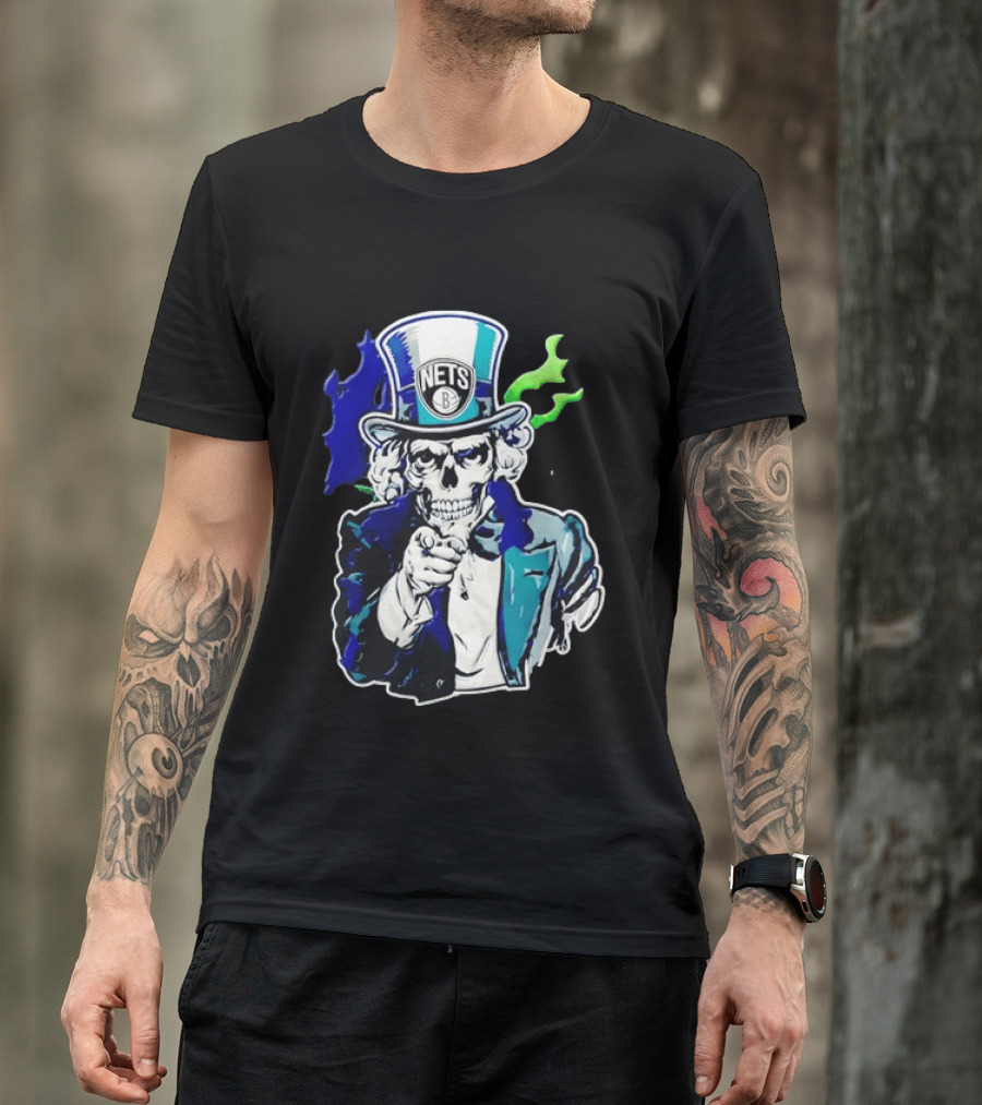 Brooklyn Nets Skeleton Uncle Sam Top Hat Pointing Stripes T-Shirt