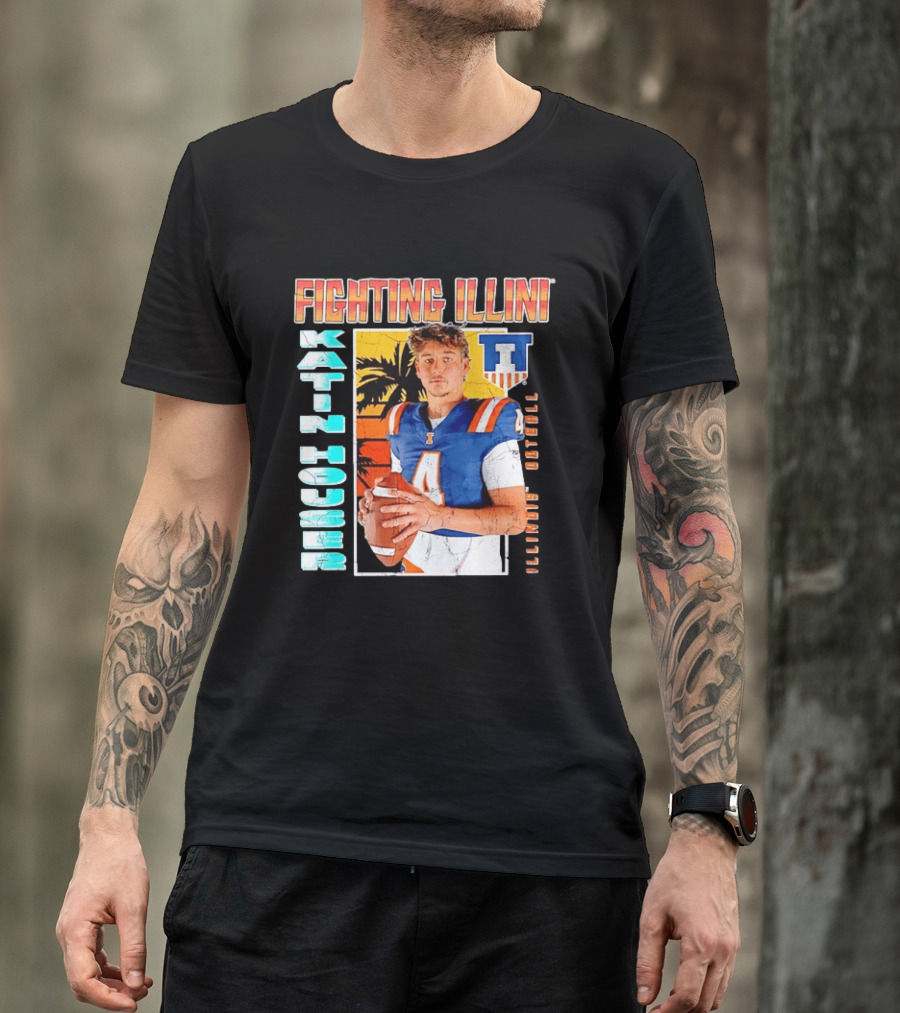Fighting Illini Katin Houser Illinois Football Distressed Palm Tree T-Shirt