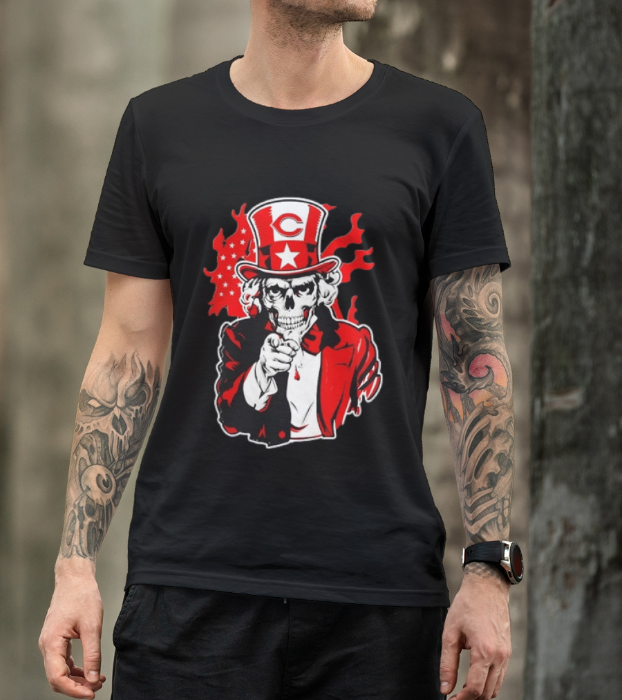 Cincinnati Reds Skeleton Uncle Sam Pointing US Flag Flames T-Shirt