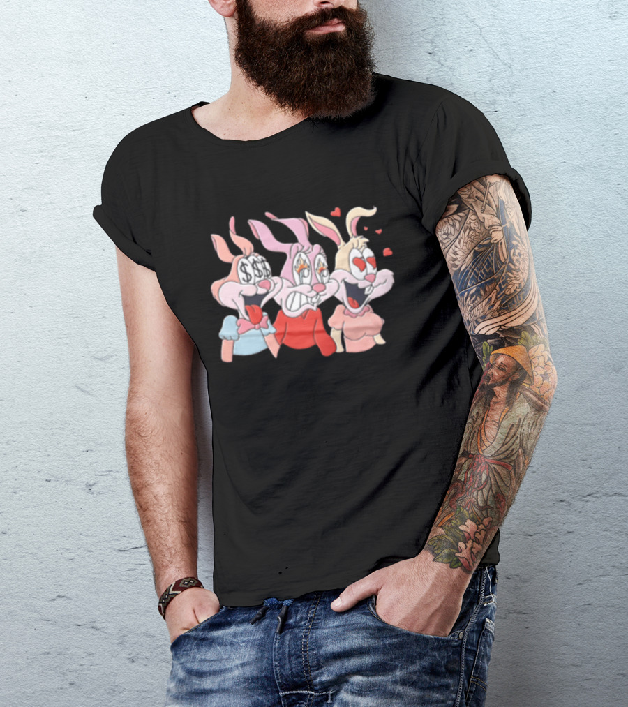Three Cartoon Female Rabbits Dollar Signs Fire Heart Eyes Expressions T-Shirt