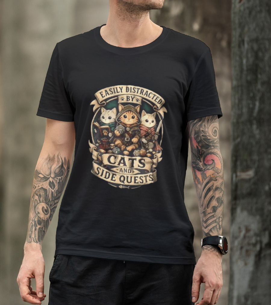Easily Distracted By Cats And Side Quests Fantasy Adventure Cats T-Shirt
