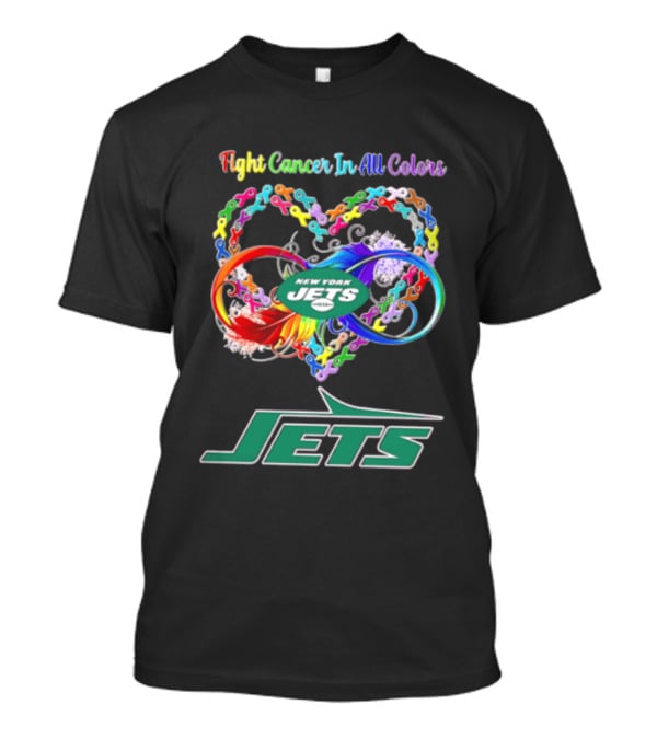 New York Jets Fight Cancer Rainbow Ribbons Infinity Heart Feather T-Shirt