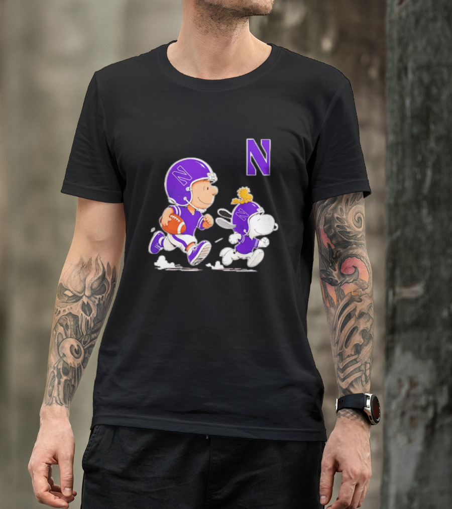 Northwestern Wildcats Charlie Brown Woodstock Snoopy Football Running T-Shirt