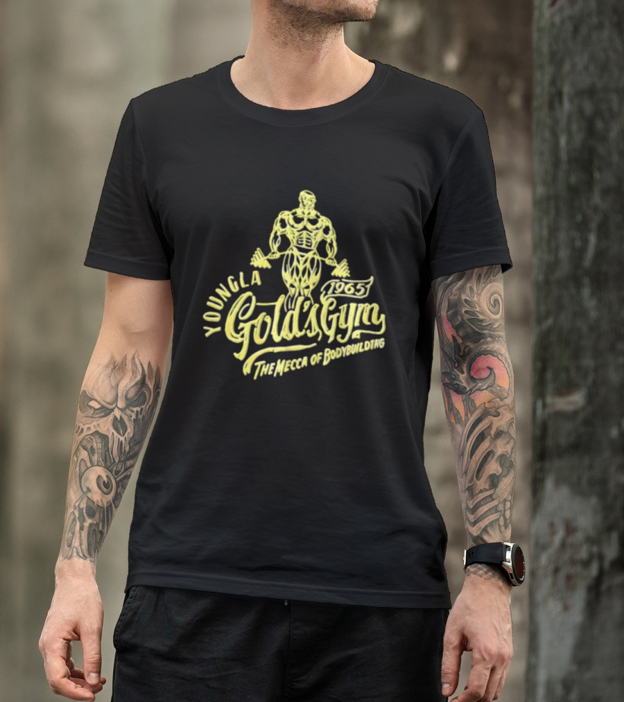 Youngla Golds Gym 1965 The Mecca Of Bodybuilding Muscular Man Holding Barbell T-Shirt