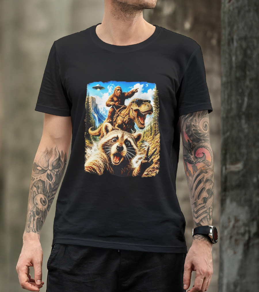 Raccoon Selfie Bigfoot Rex Adventure With UFO And Mountains T-Shirt
