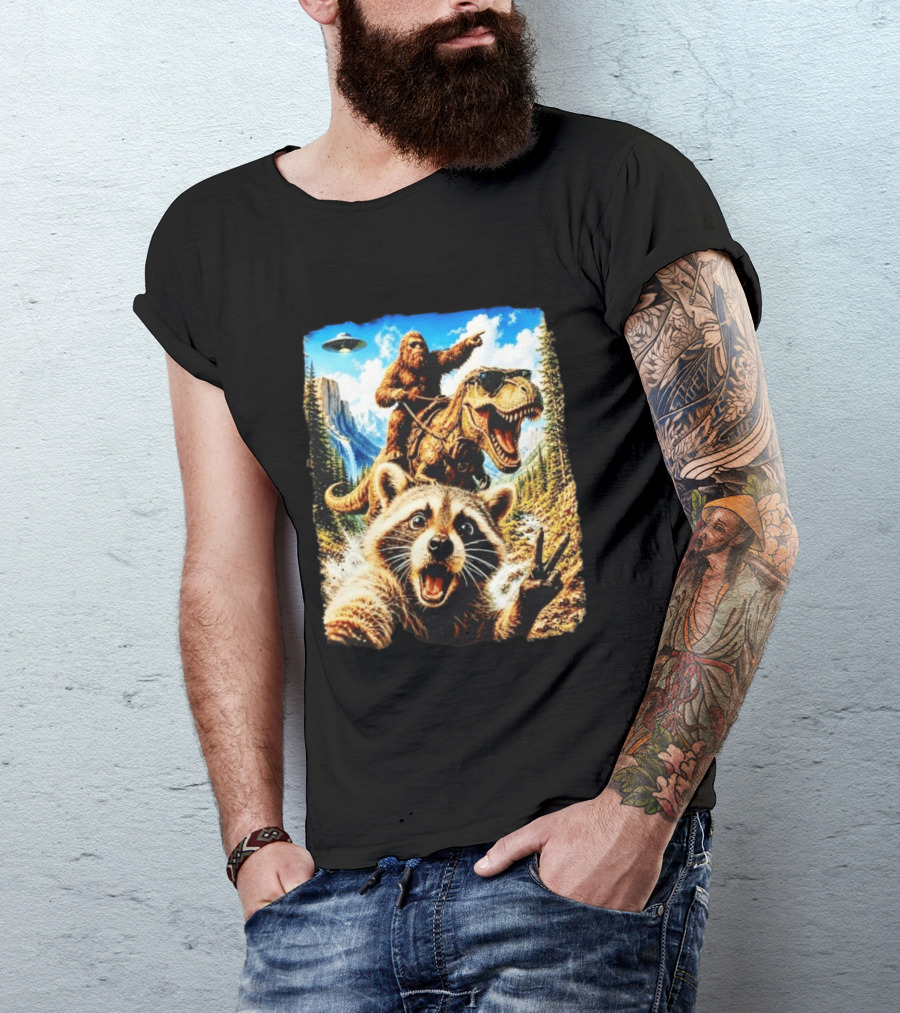 Raccoon Selfie Bigfoot Rex Adventure With UFO And Mountains T-Shirt