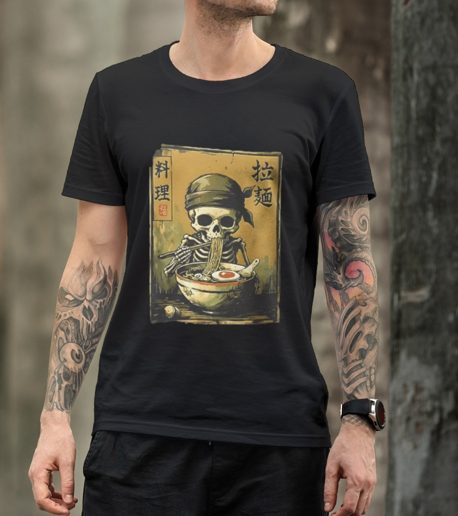 Skeleton Ramen Eating Kanji Cooking Noodles T-Shirt