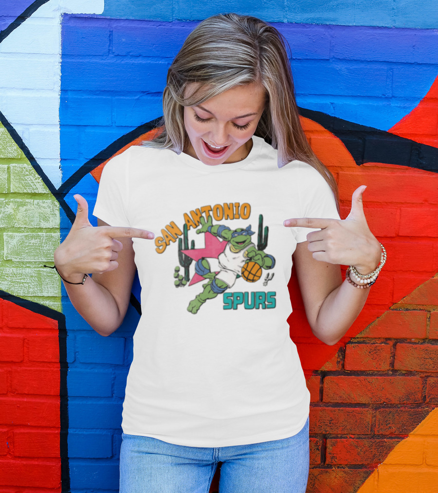 San Antonio Spurs Cartoon Turtle Dribbling Basketball Cacti T-Shirt
