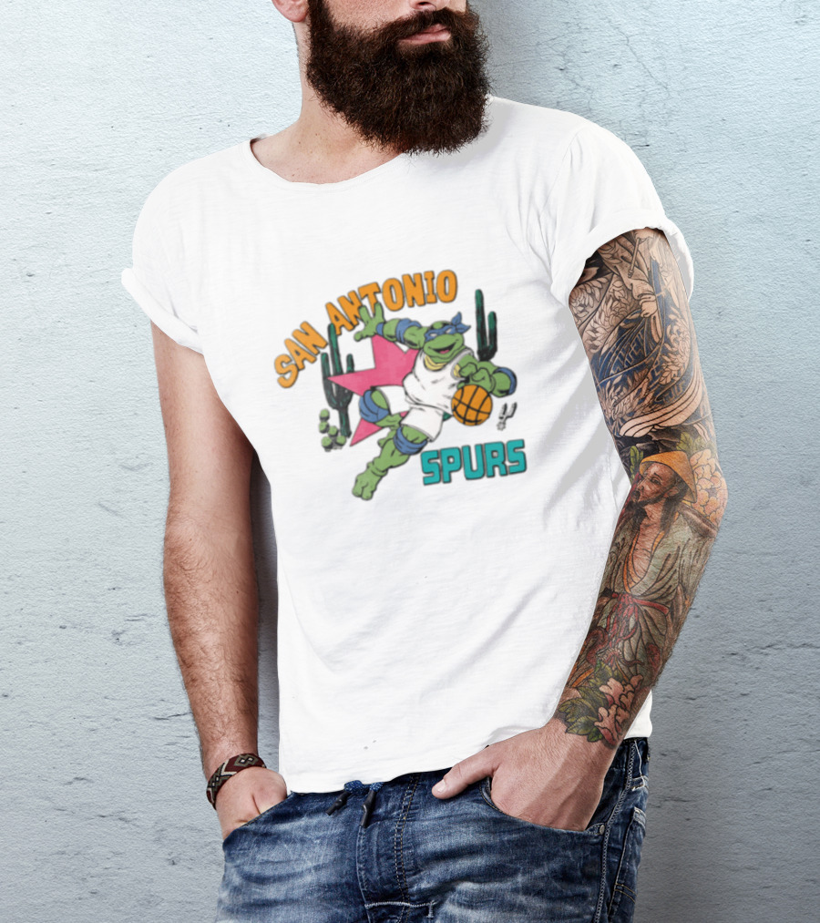 San Antonio Spurs Cartoon Turtle Dribbling Basketball Cacti T-Shirt