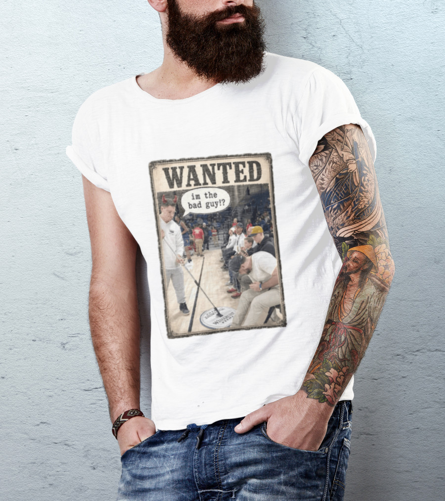 Wanted Im The Bad Guy Wintrust Arena Man Sweeping Floor Devil Horns T-Shirt