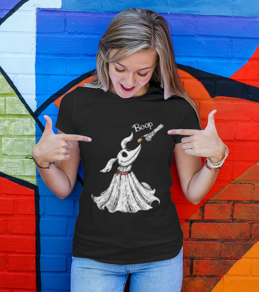 Boop Skeletal Hand Touching Pumpkin Nose With Ghostly Dog Line Sketch T-Shirt