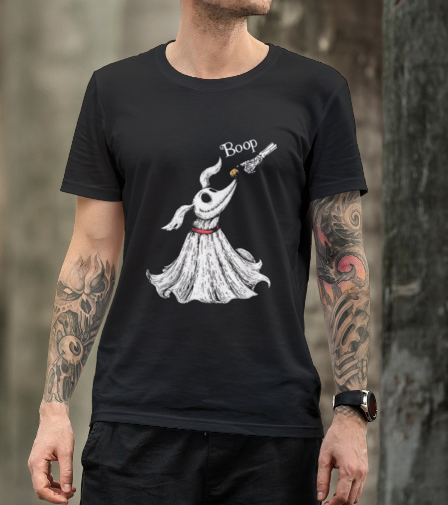 Boop Skeletal Hand Touching Pumpkin Nose With Ghostly Dog Line Sketch T-Shirt