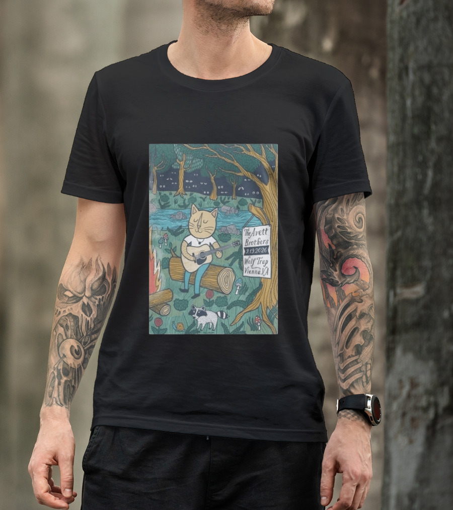 The Avett Brothers Wolf Trap Vienna Virginia 2026 Concert Cat Playing Guitar In Forest Scene T-Shirt