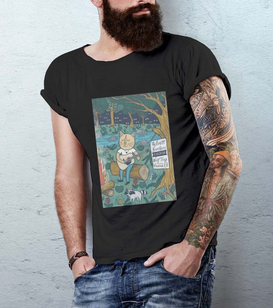 The Avett Brothers Wolf Trap Vienna Virginia 2026 Concert Cat Playing Guitar In Forest Scene T-Shirt