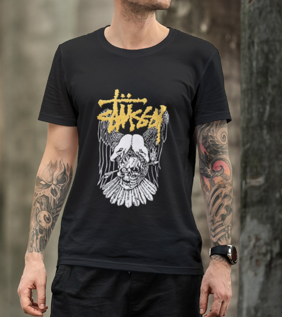 Stussy Two Headed Eagle Skull Yellow Text White Sketch T-Shirt