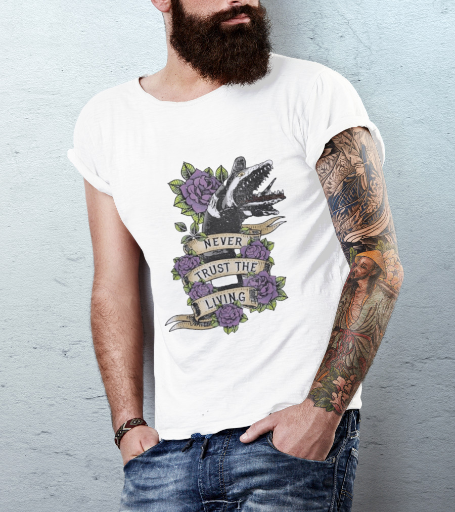 Beetlejuice Never Trust The Living Floral Banner With Sandworm And Purple Roses T-Shirt