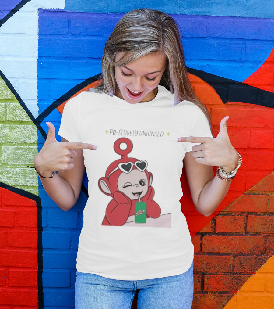 Po Sitively Unhinged Funny Red Teletubby Heart Sunglasses Drinking Mtn Dew T-Shirt