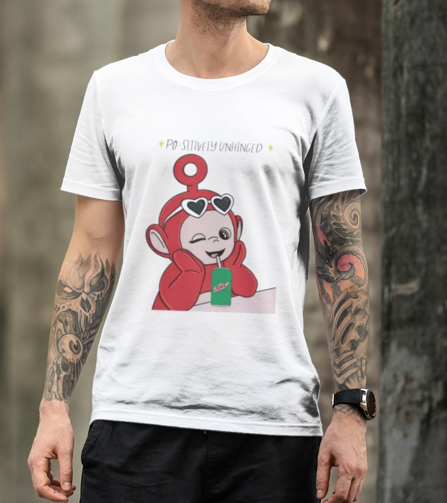 Po Sitively Unhinged Funny Red Teletubby Heart Sunglasses Drinking Mtn Dew T-Shirt