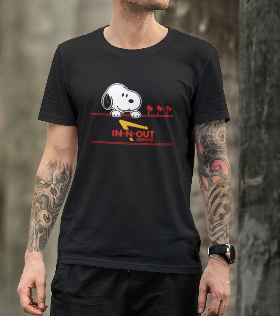 Snoopy Peeking Over In N Out Burger Red Lines With Palm Trees T-Shirt