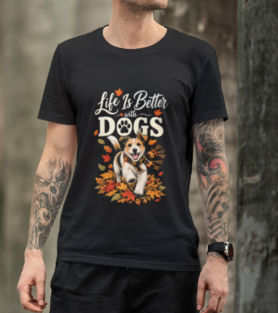 Life Is Better With Dogs Autumn Leaves Dog Paw T-Shirt