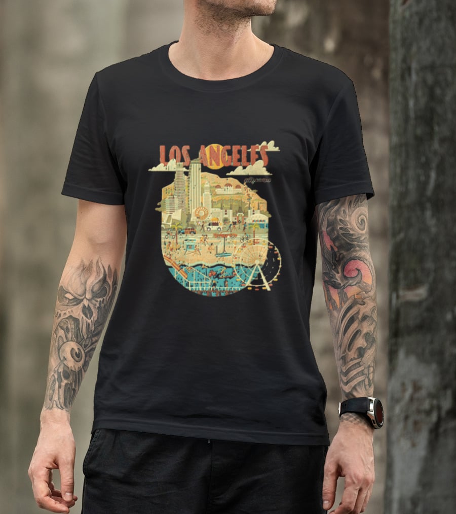 Los Angeles California Skyline Ferris Wheel And Beach Scene T-Shirt