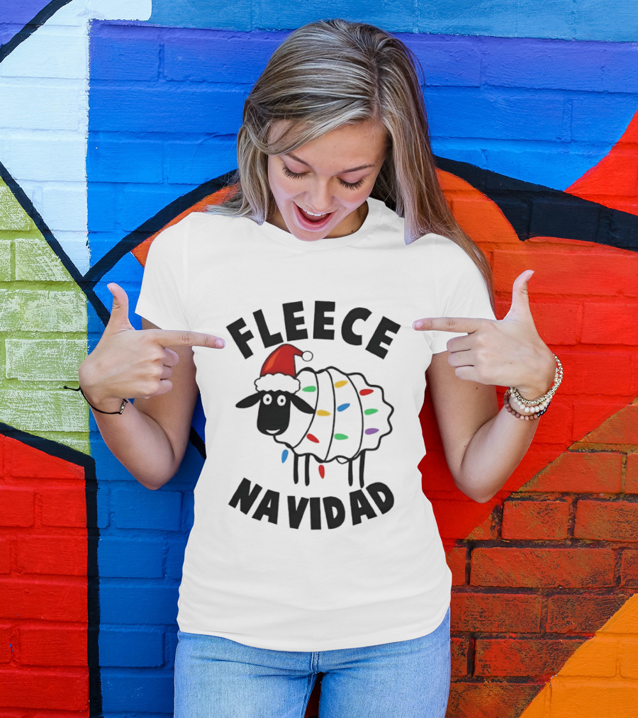 Fleece Navidad Christmas Sheep In Santa Hat With Holiday Lights Pun T-Shirt