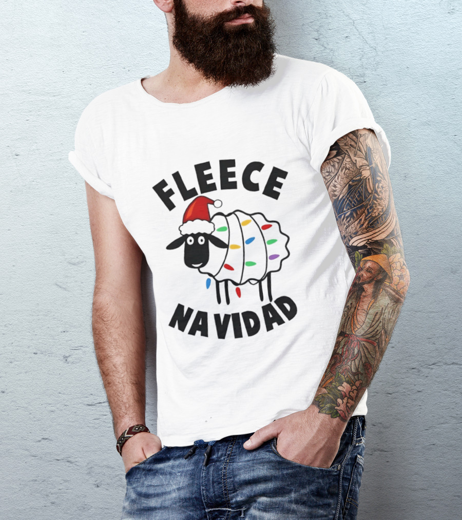 Fleece Navidad Christmas Sheep In Santa Hat With Holiday Lights Pun T-Shirt