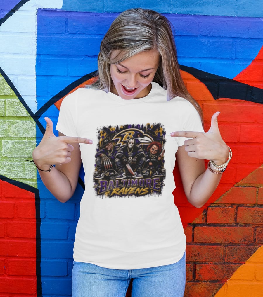 Freddy Krueger Jason Voorhees Chucky Baltimore Ravens Halloween Horror T-Shirt
