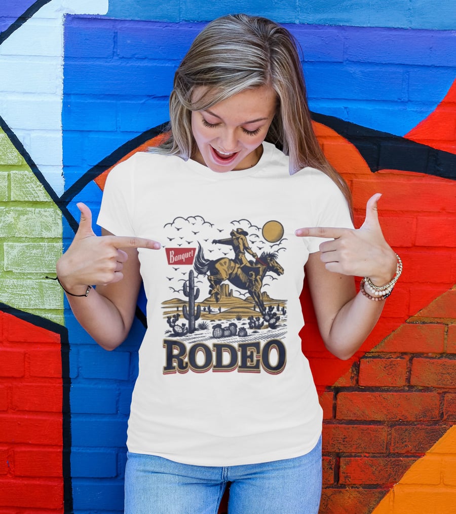 Western Rodeo Cowboy Desert Scene With Cactus And Mountains T-Shirt