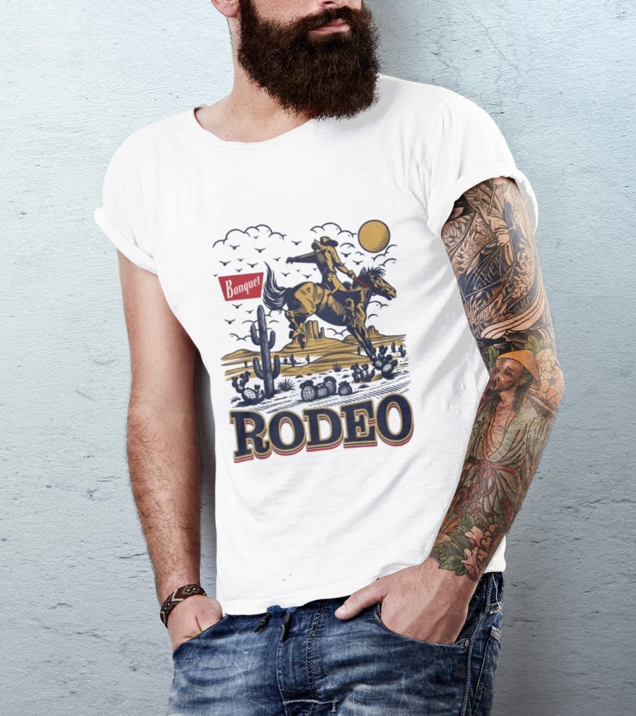 Western Rodeo Cowboy Desert Scene With Cactus And Mountains T-Shirt