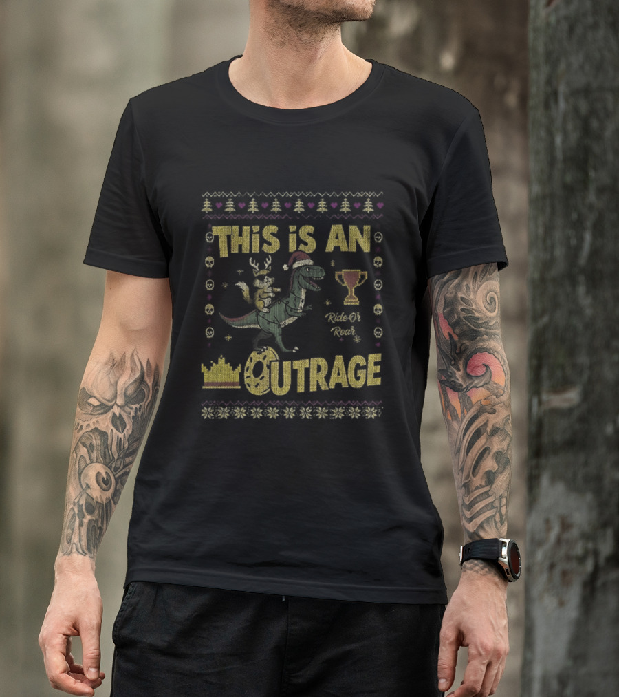 Dungeon Crawler Carl This Is An Outrage Christmas Ugly Achievement Crown Trophy Dinosaur Santa Hat T-Shirt