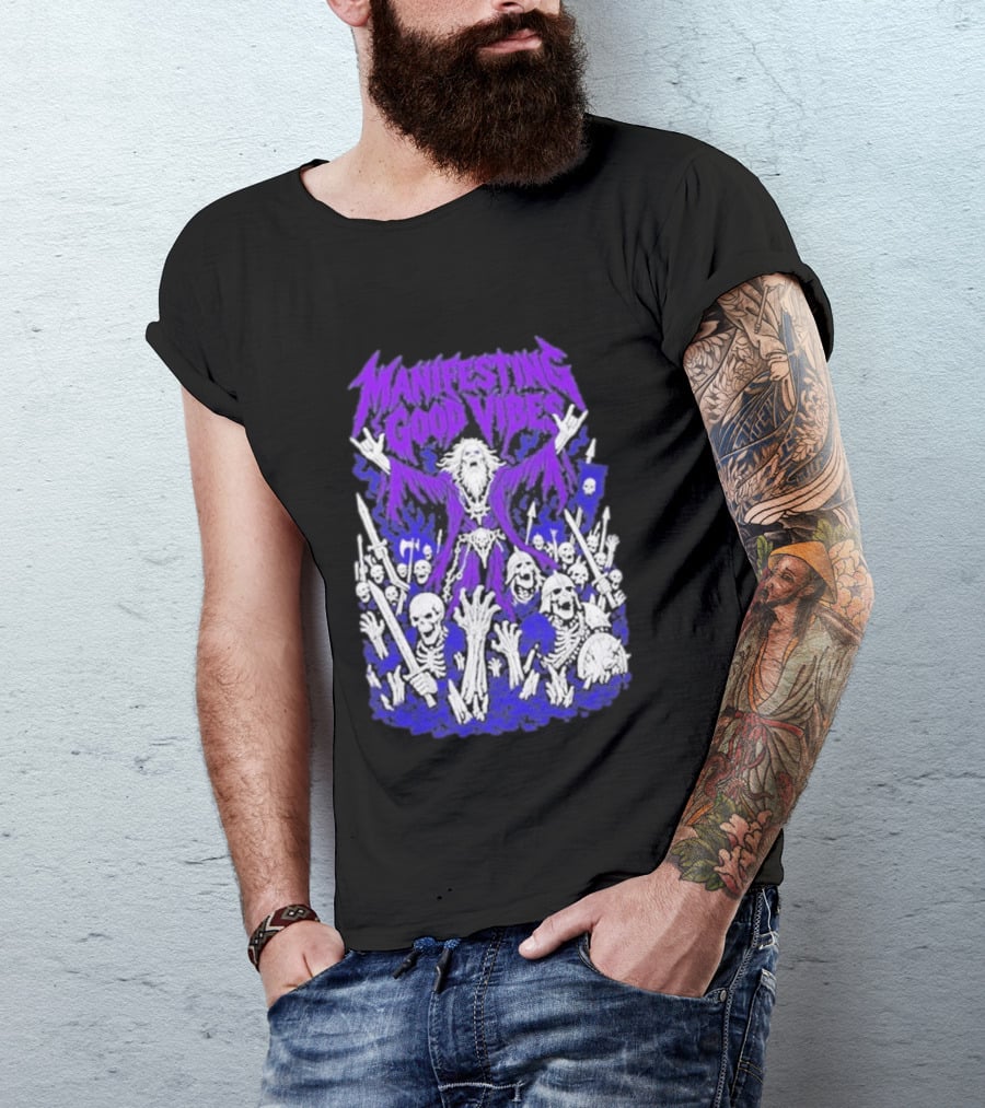 Manifesting Good Vibes Necromancer Skeleton Wizard T-Shirt