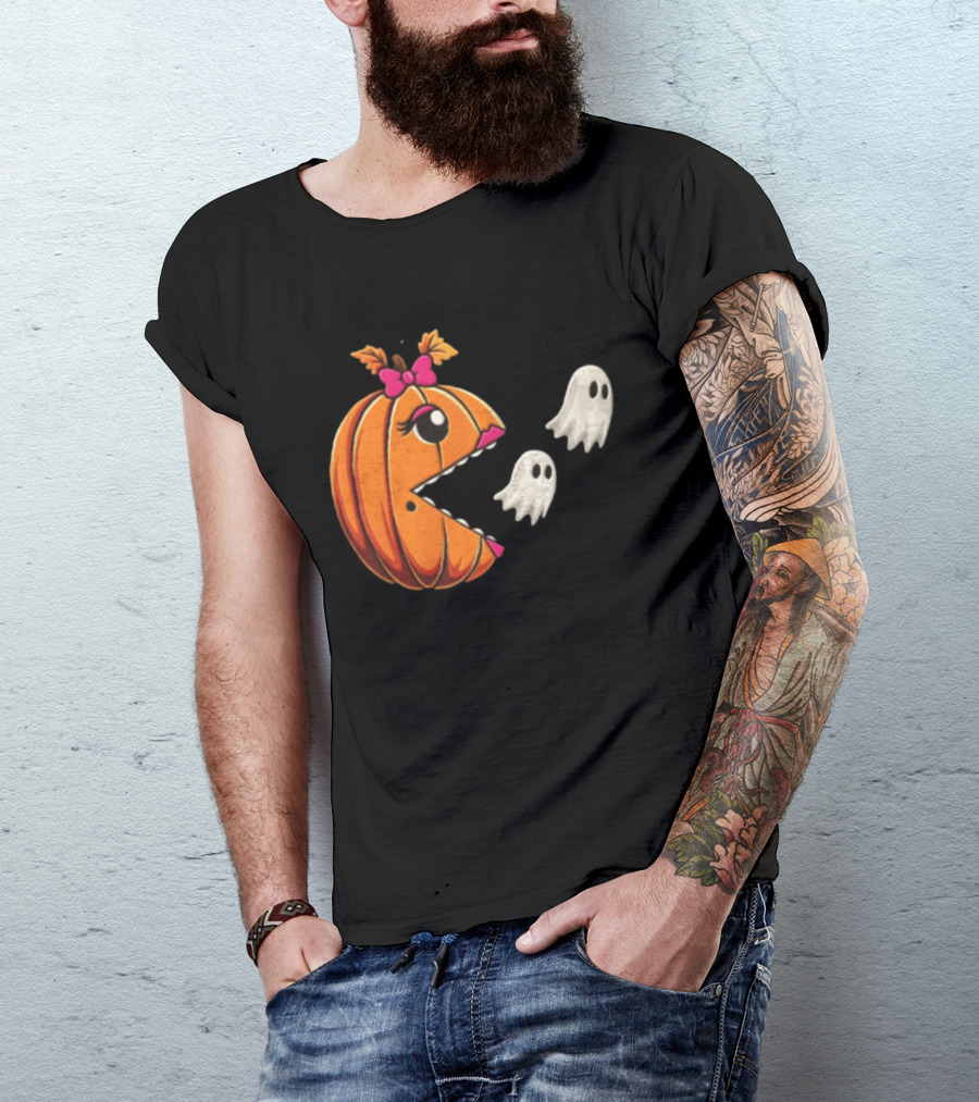 Ms Pac Man Pumpkin Shape Halloween Ghosts T-Shirt