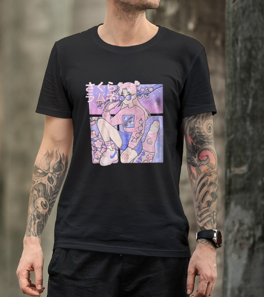 Anime Girl Drinking Pink Soda Sakura Blossoms Pastel Aesthetic T-Shirt