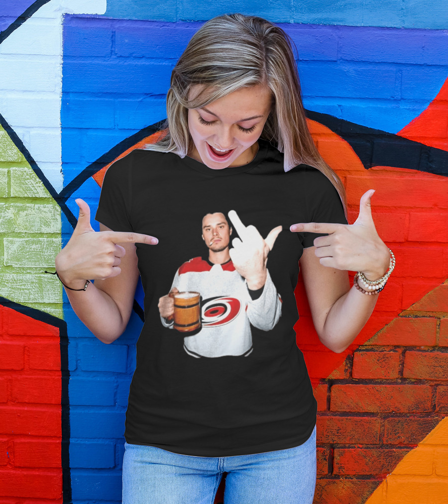 Sebastian Aho Carolina Hurricanes Wooden Beer Middle Finger Gesture T-Shirt