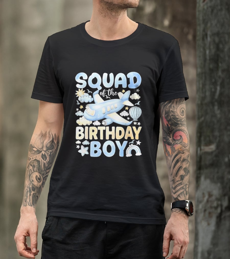 Squad Of The Birthday Boy Airplane Cloud Adventure With Stars And Balloons T-Shirt