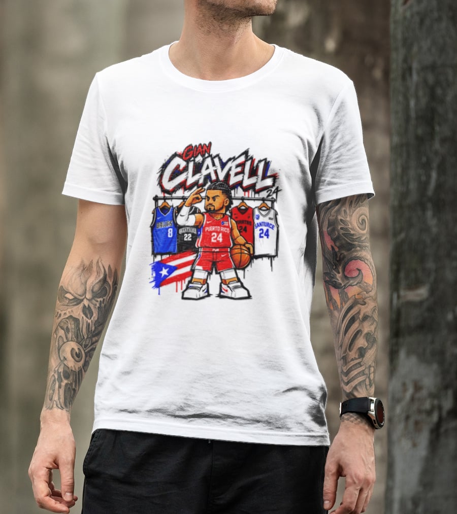 Gian Clavell Puerto Rico Basketball Cartoon With Jersey Collection And Flag T-Shirt
