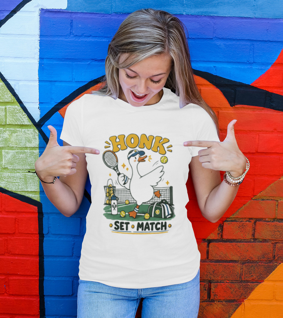 Honk Set Match Duck Playing Tennis Cartoon T-Shirt
