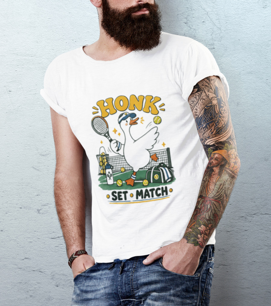 Honk Set Match Duck Playing Tennis Cartoon T-Shirt