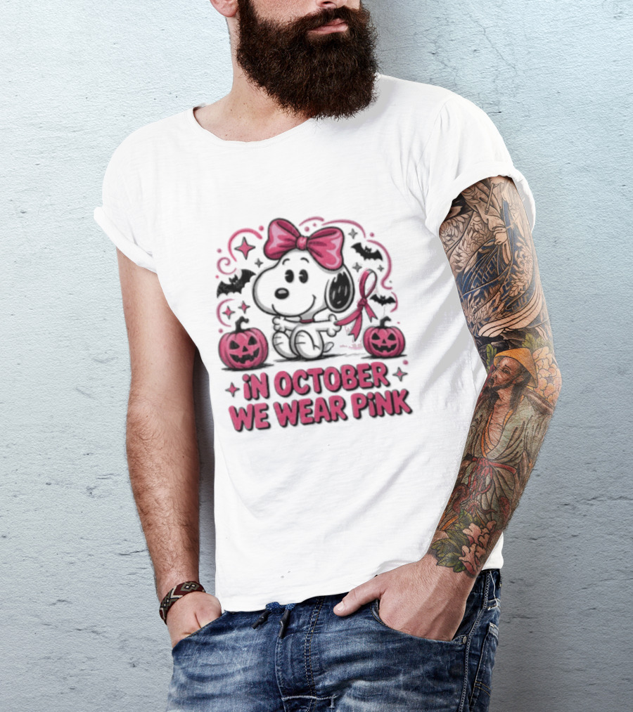 In October We Wear Pink Snoopy Peanuts Halloween Bow Pumpkins Bats T-Shirt