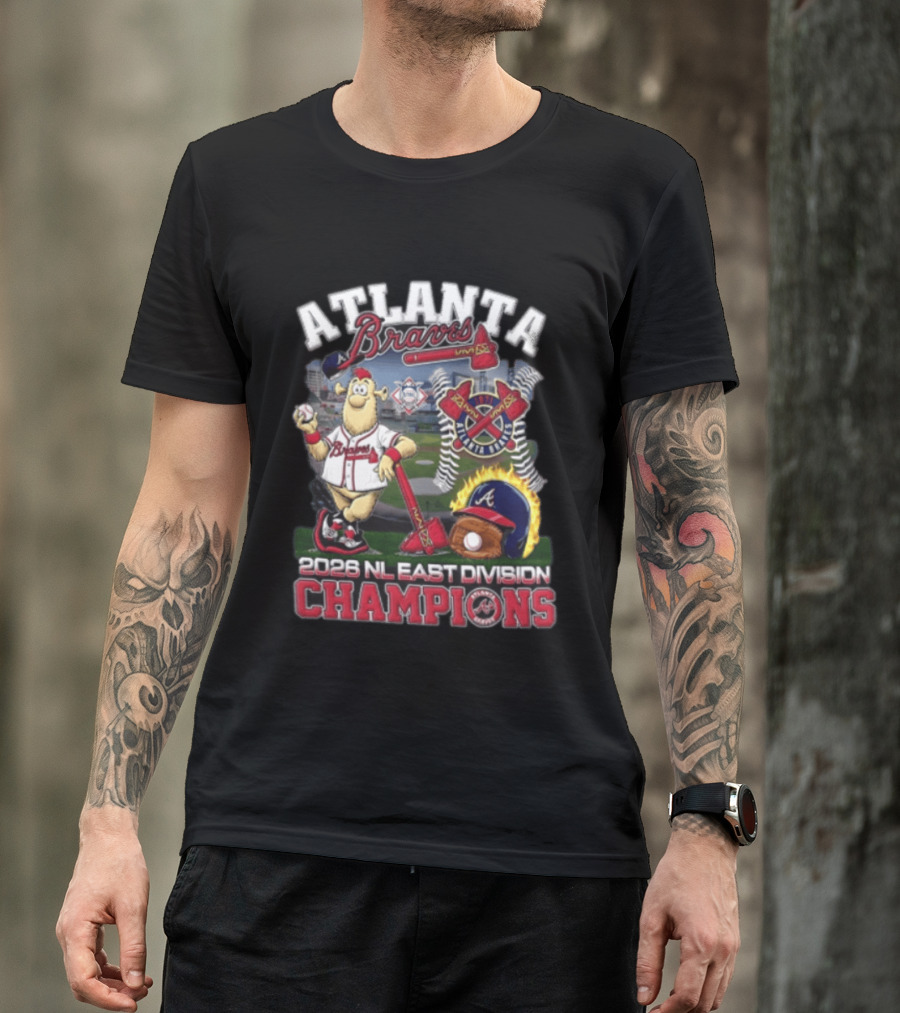 Atlanta Braves 2026 NL East Division Champions Stadium With Mascot And Baseball Bat T-Shirt
