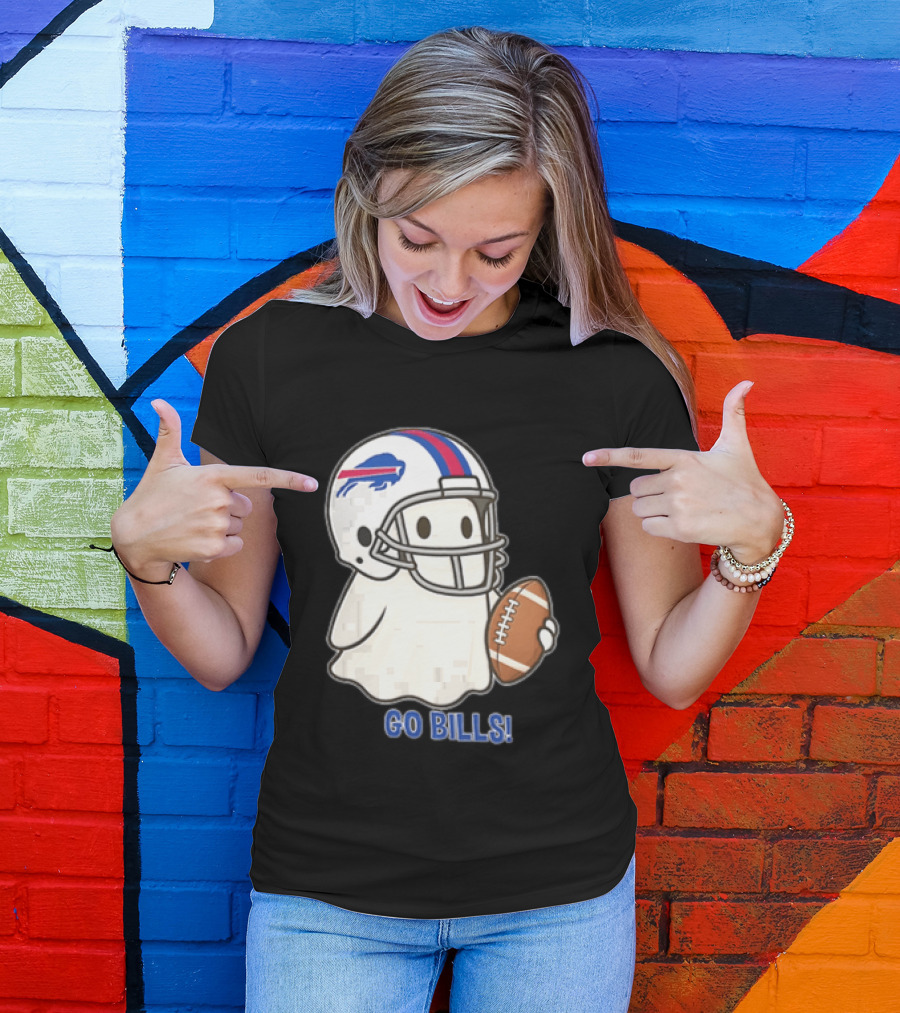 Buffalo Bills Ghost GO BILLS Football Helmet Holding Ball T-Shirt