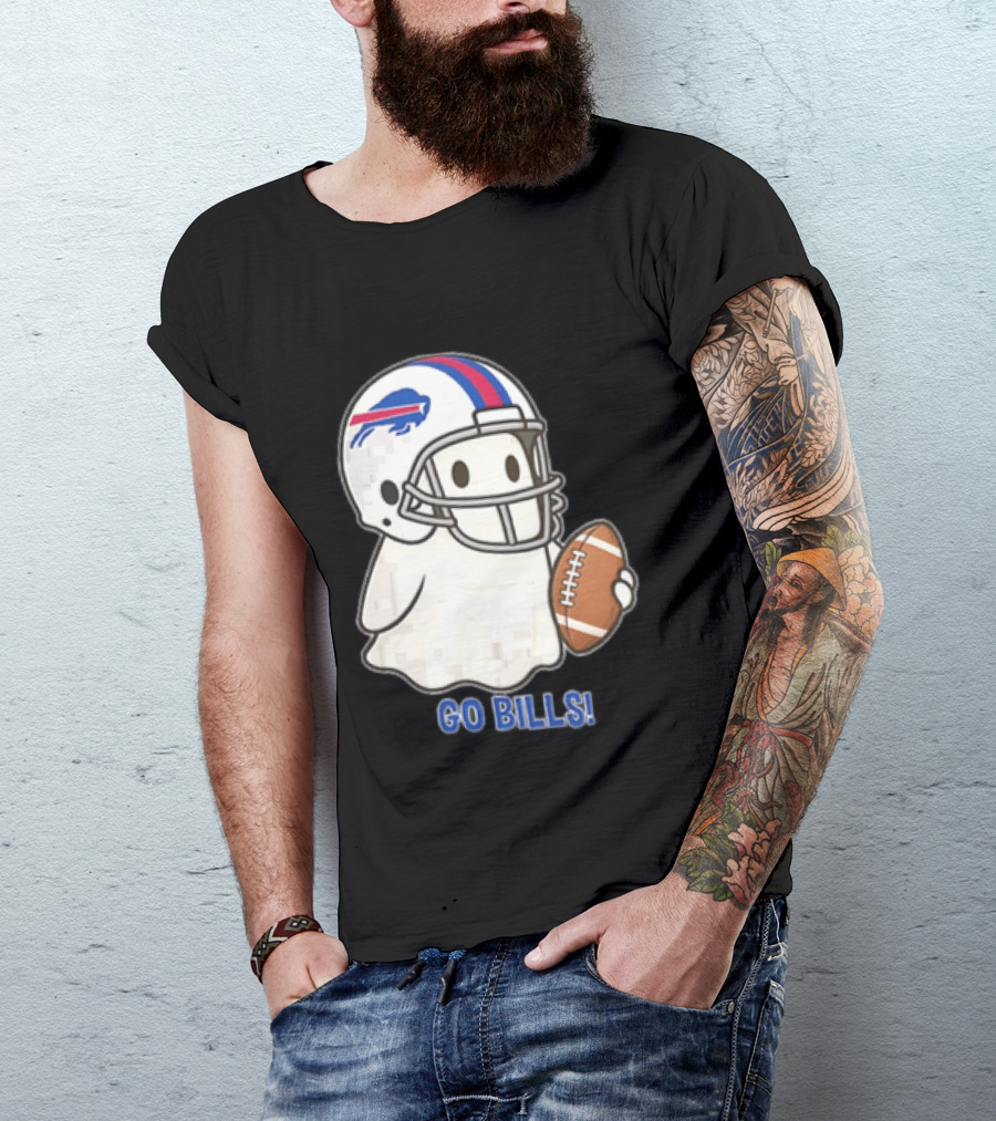 Buffalo Bills Ghost GO BILLS Football Helmet Holding Ball T-Shirt