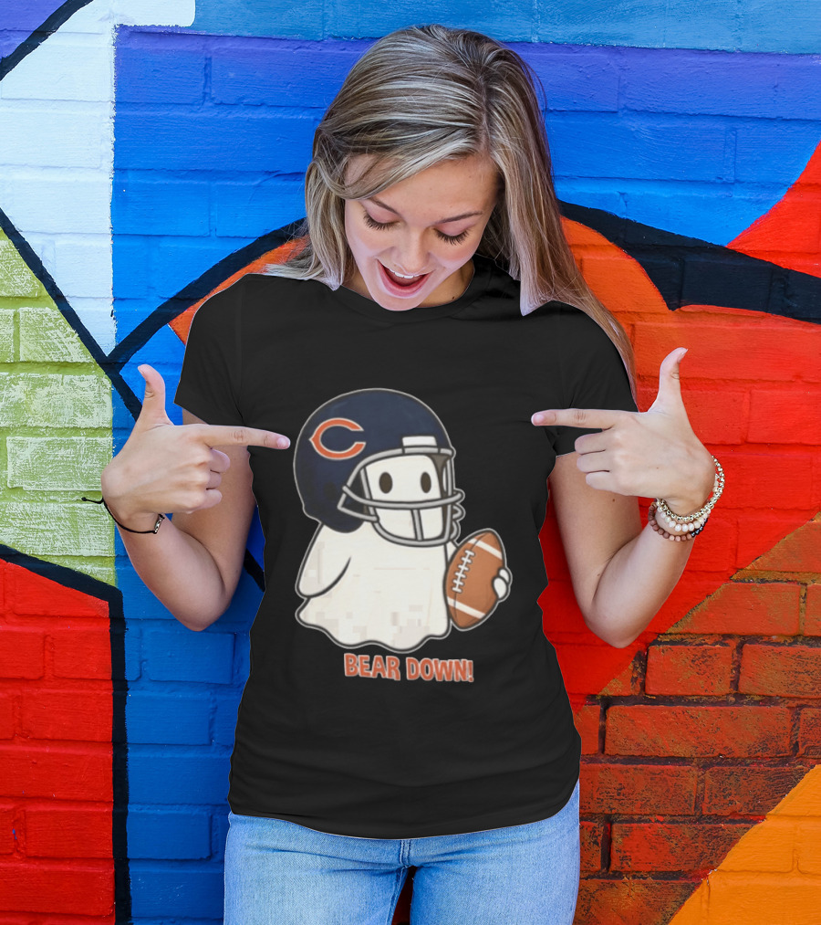 Chicago Bears Bear Down Ghost Football Helmet Holding Ball T-Shirt