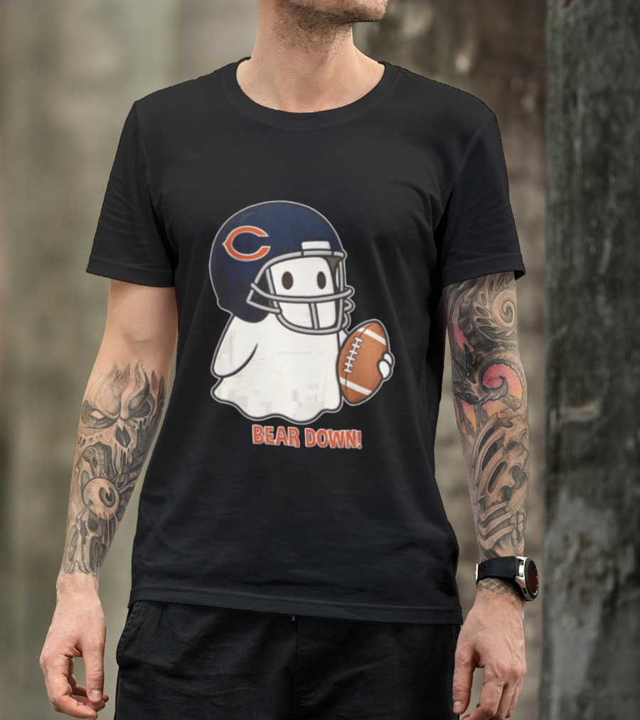 Chicago Bears Bear Down Ghost Football Helmet Holding Ball T-Shirt