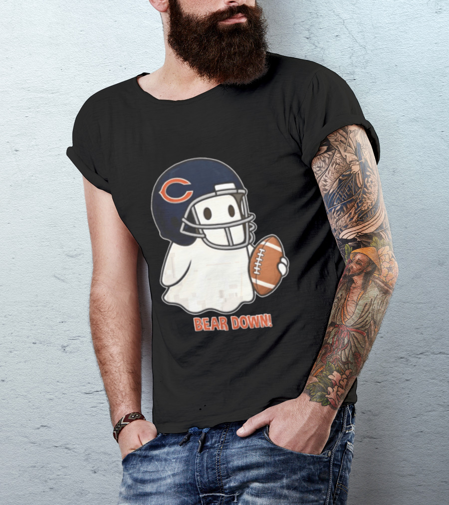 Chicago Bears Bear Down Ghost Football Helmet Holding Ball T-Shirt